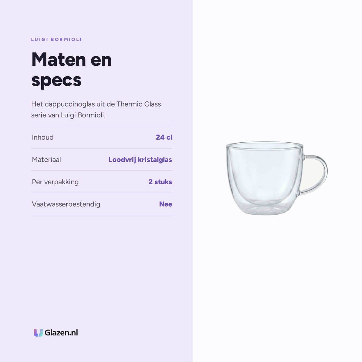 Maten en specs van Luigi Bormioli Thermic Glass Cappuccinoglas 24 Cl Sublime Cappuccino