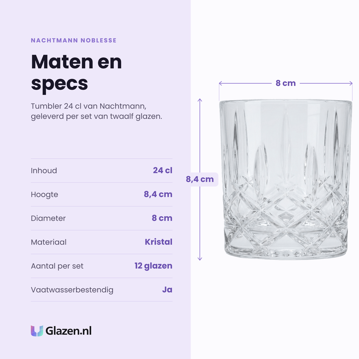 Nachtmann Noblesse tumbler 24 cl specificaties: inhoud 24 cl, hoogte 8,4 cm, diameter 8 cm, kristal, set van 12