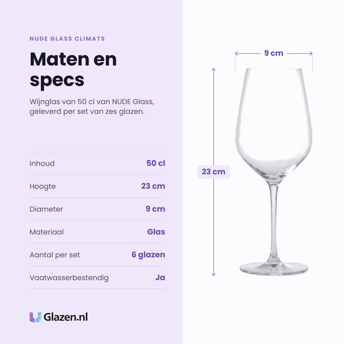 Nude Glass Climats wijnglas 50 cl specificaties: inhoud 50 cl, hoogte 23 cm, diameter 9 cm, glas, set van 6