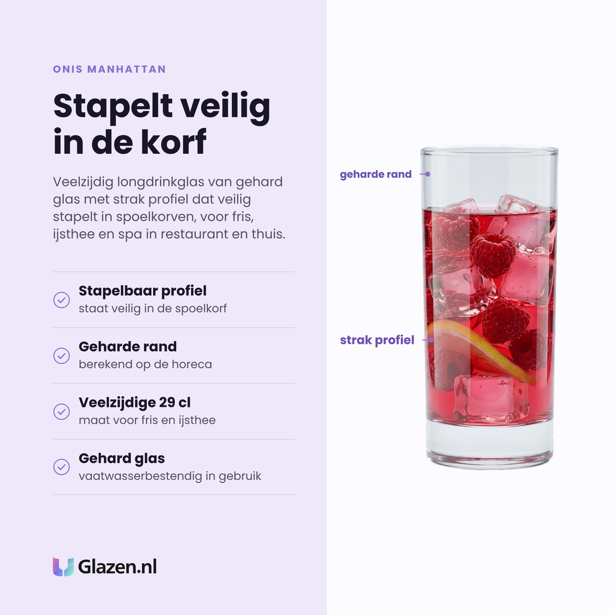 Onis Manhattan longdrinkglas 29 cl eigenschappen: stapelbaar profiel, geharde rand, veelzijdige maat, gehard glas