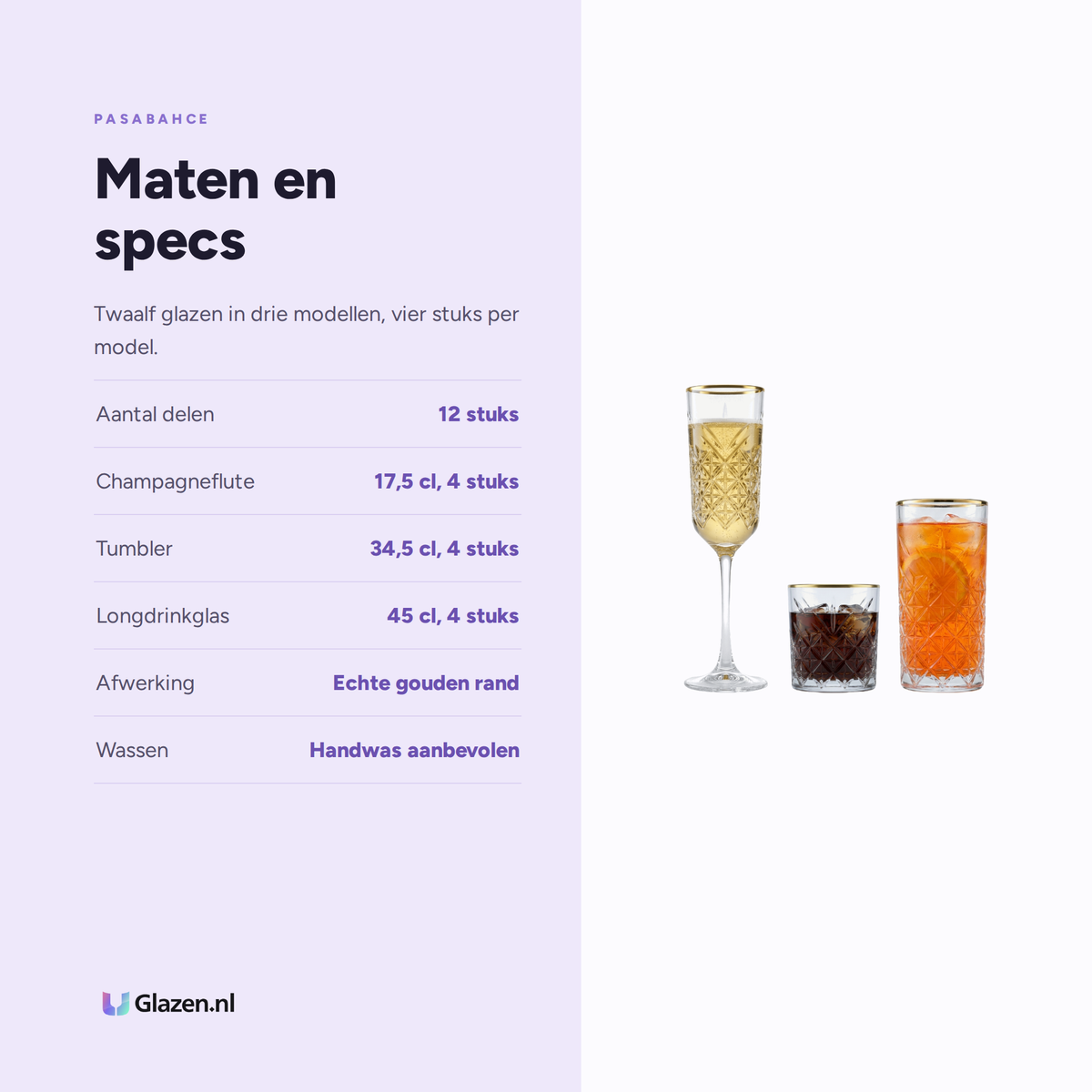 Maten en specificaties van de Pasabahce Timeless Gouden Rand Set 12-Delig (Champagne, Tumbler & Longdrink)