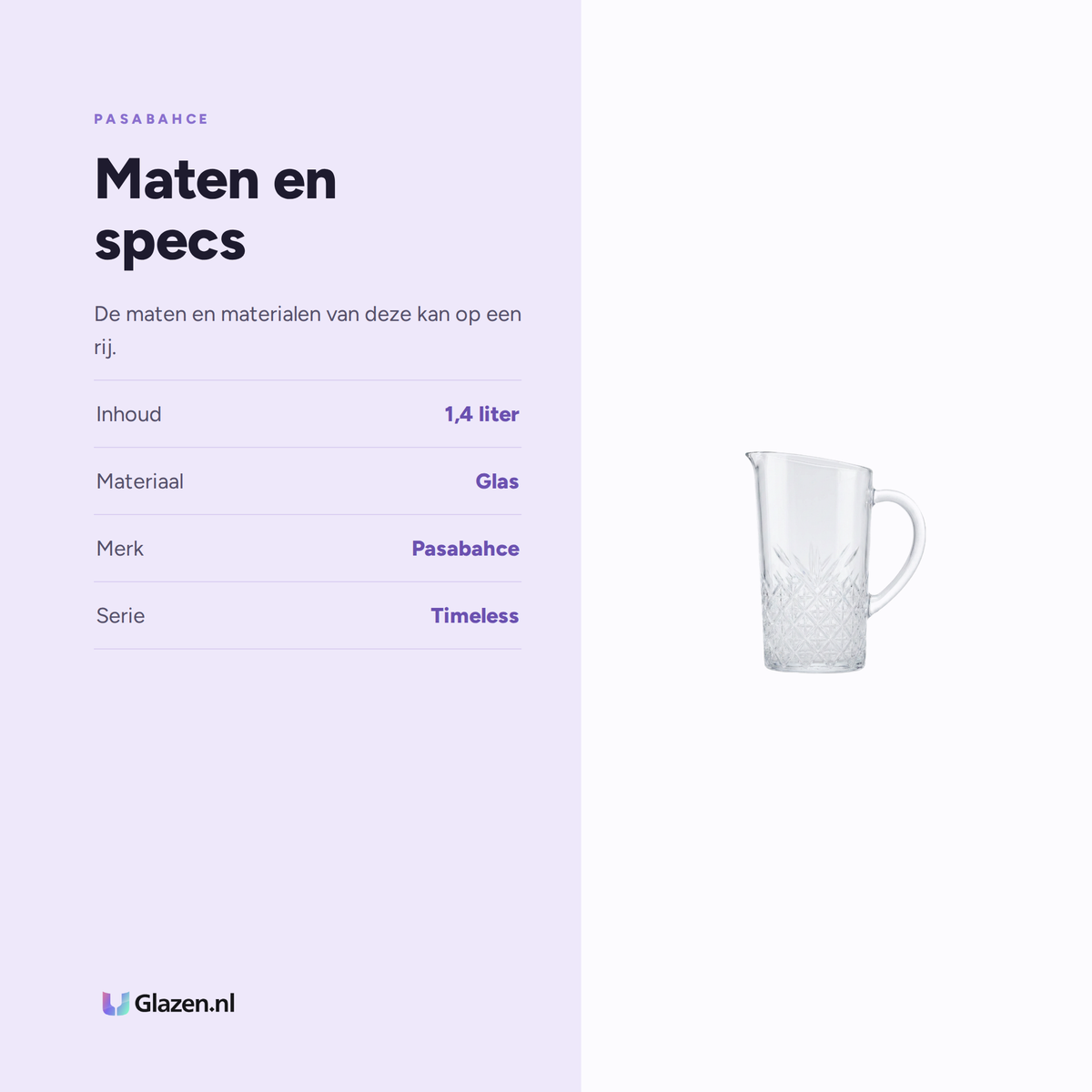 Pasabahce Timeless Waterkan 1,4 Liter maten en specs