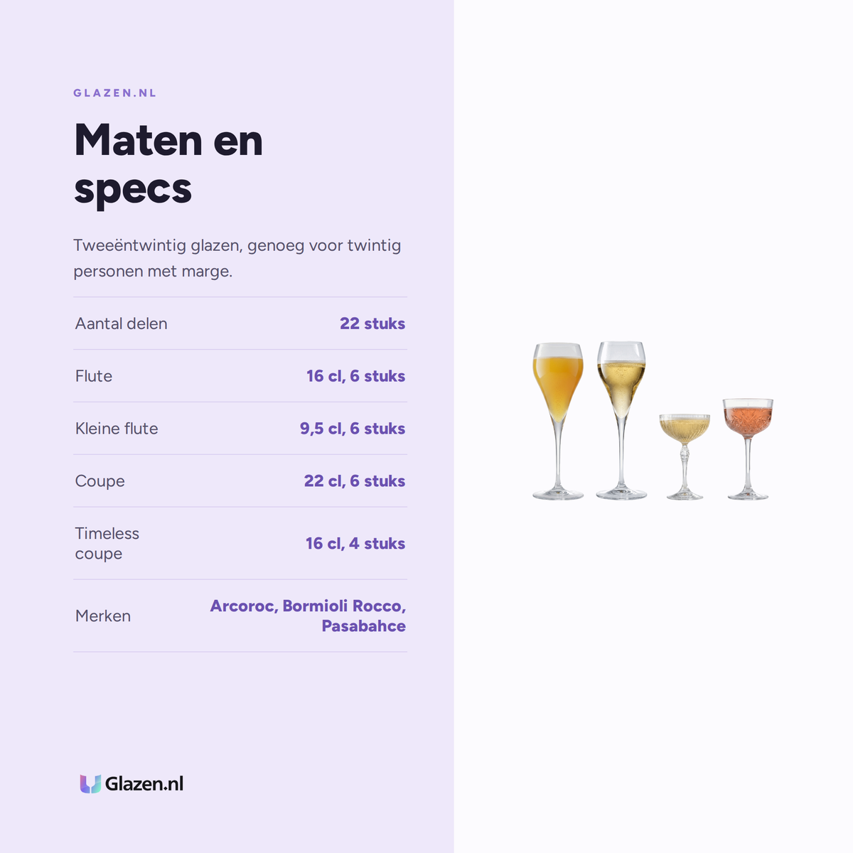 Maten en specificaties van de Proostbox 22-Delig (Champagneflutes & Coupes)