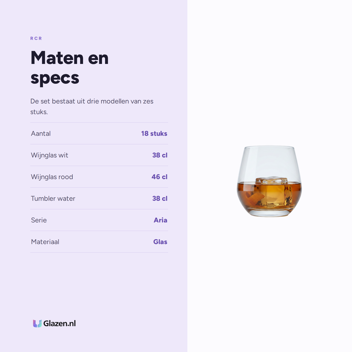 RCR Aria Glazenset 18-Delig (Witte Wijn, Rode Wijn & Water) maten en specs