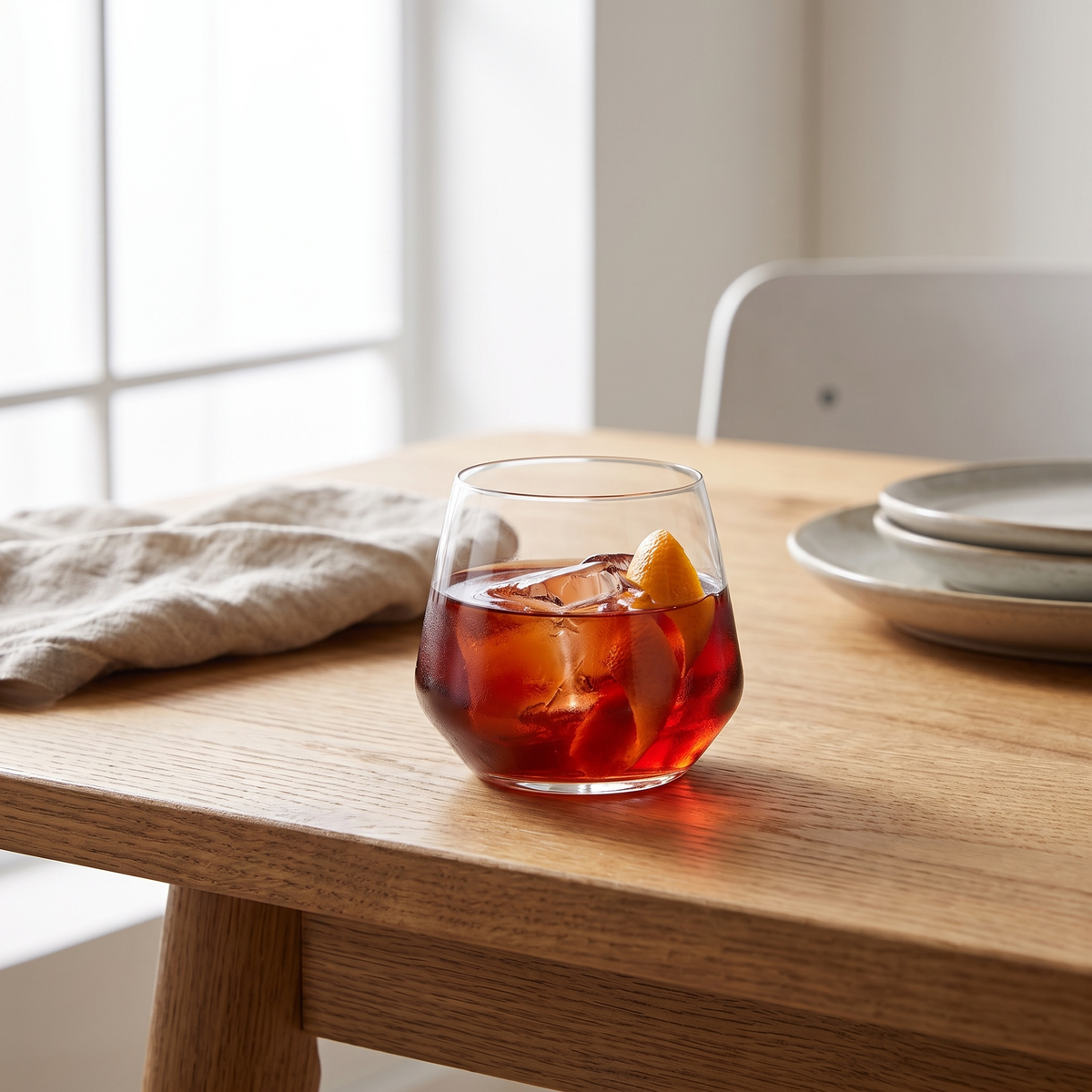 RCR Aria Tumbler 55 Cl met cocktail op een eikenhouten tafel