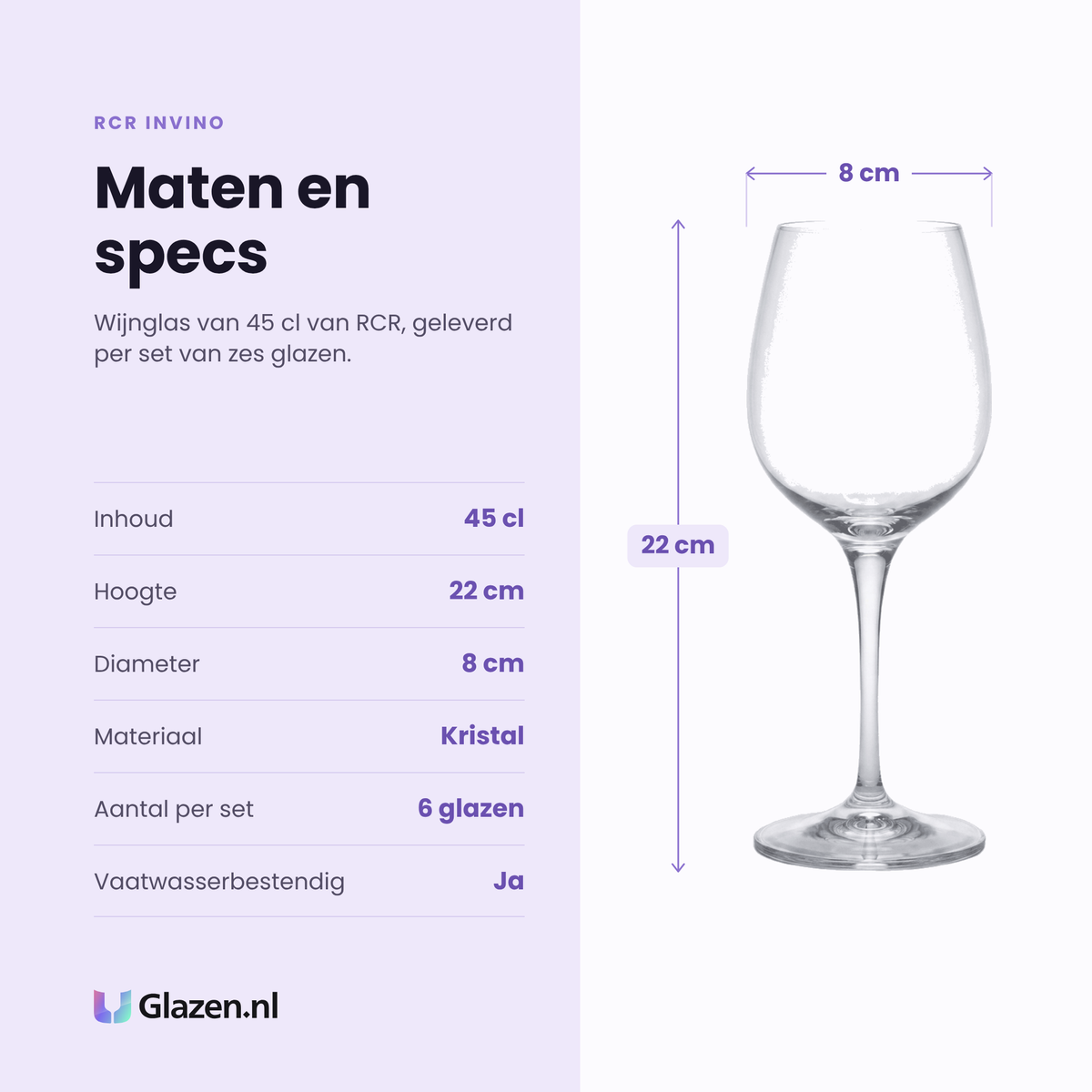 RCR Invino wijnglas 45 cl specificaties: inhoud 45 cl, hoogte 22 cm, diameter 8 cm, kristal, set van 6