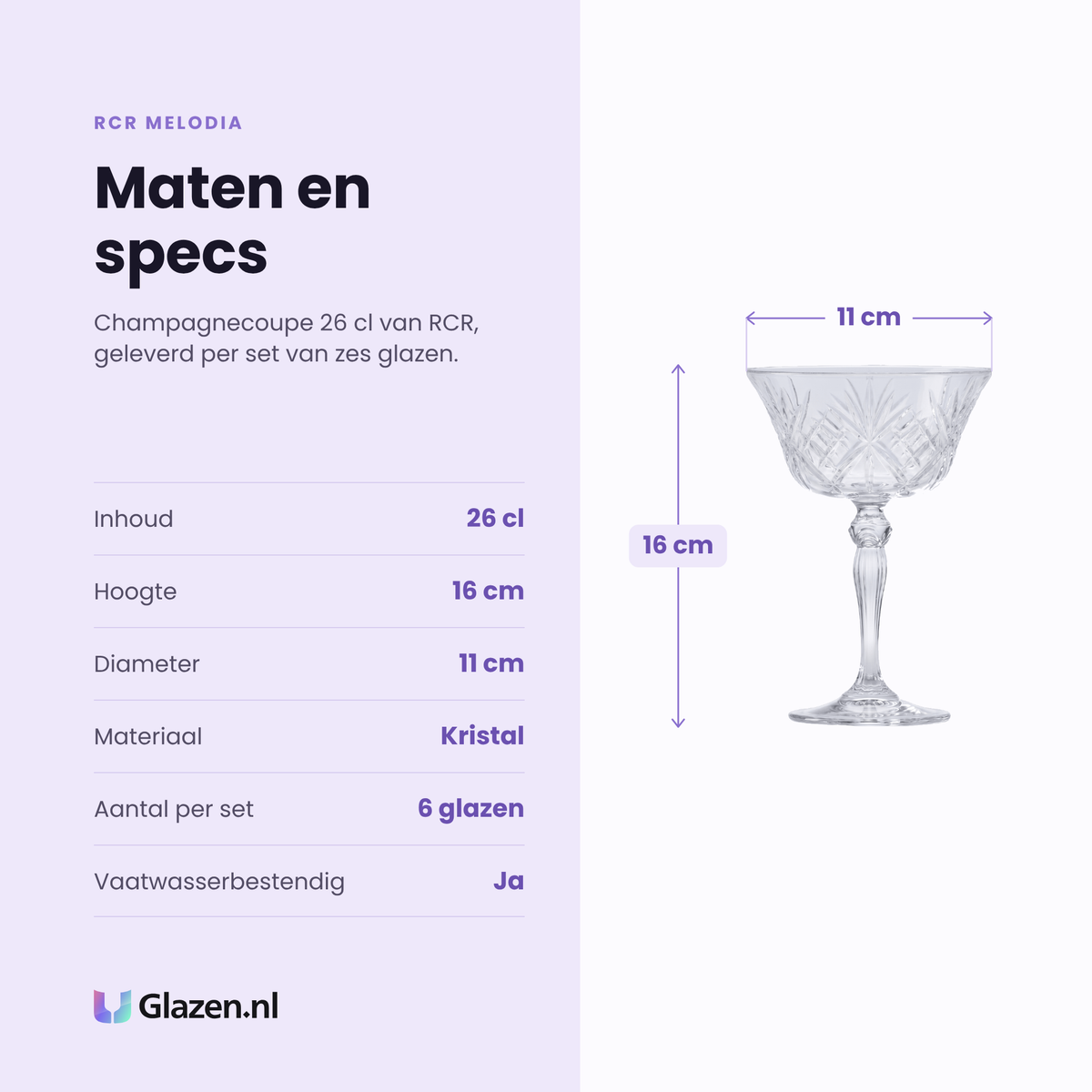 RCR Melodia champagneglas 26 cl specificaties: inhoud 26 cl, hoogte 16 cm, diameter 11 cm, kristal, set van 6