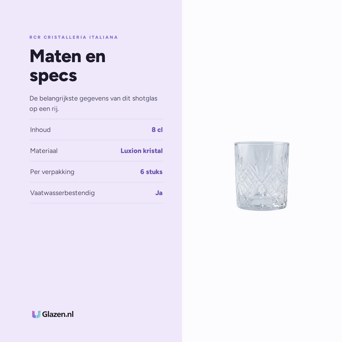 Maten en specs van de RCR Melodia Shotglas 8 Cl, 6 Stuks