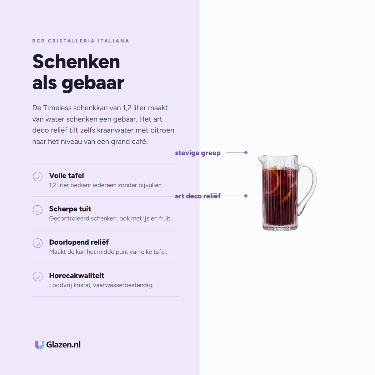 Eigenschappen van de RCR Timeless Schenkkan 1,2 L