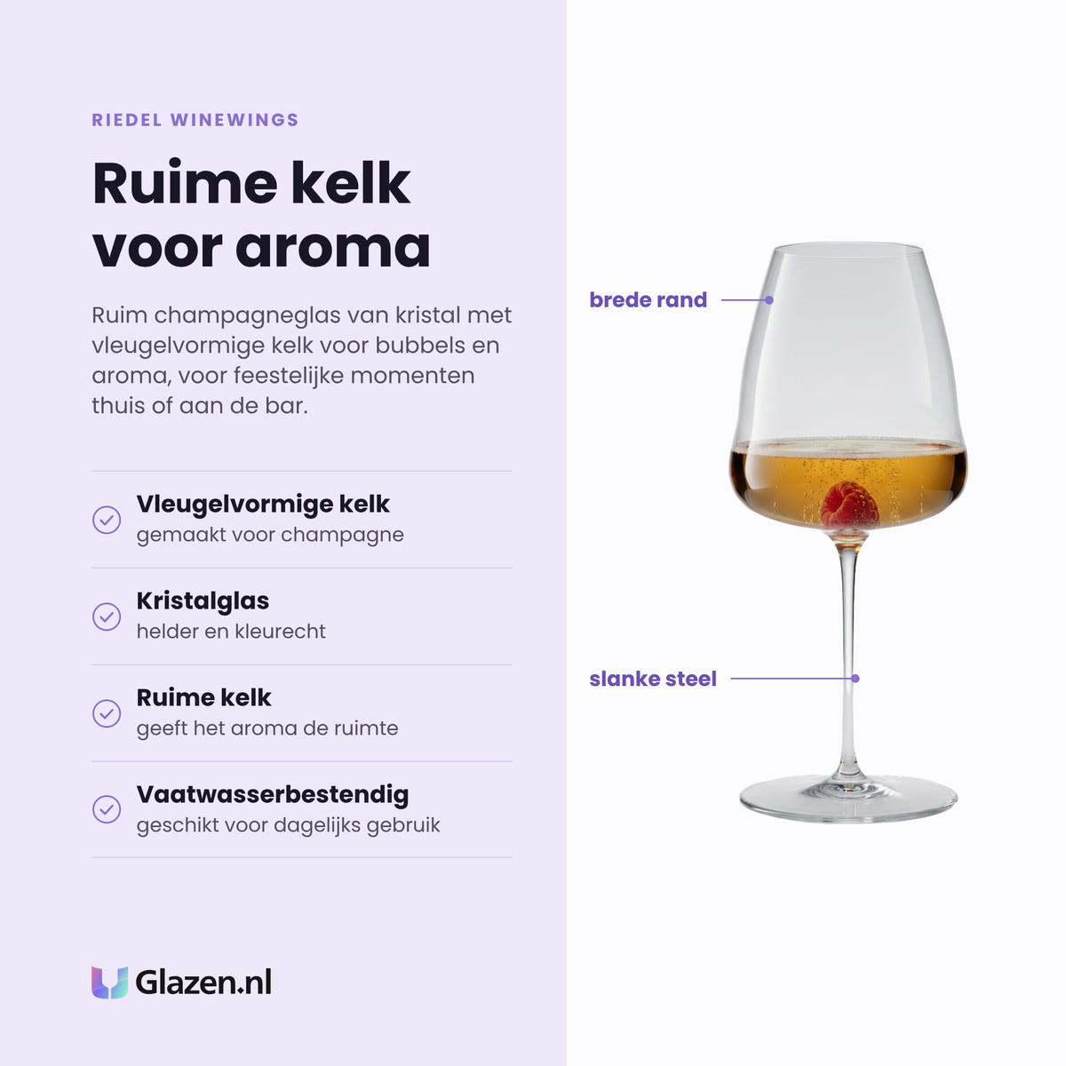 Riedel Winewings champagneglas 74,2 cl eigenschappen: vleugelvormige kelk, kristalglas, ruime kelk voor aroma, vaatwasserbestendig