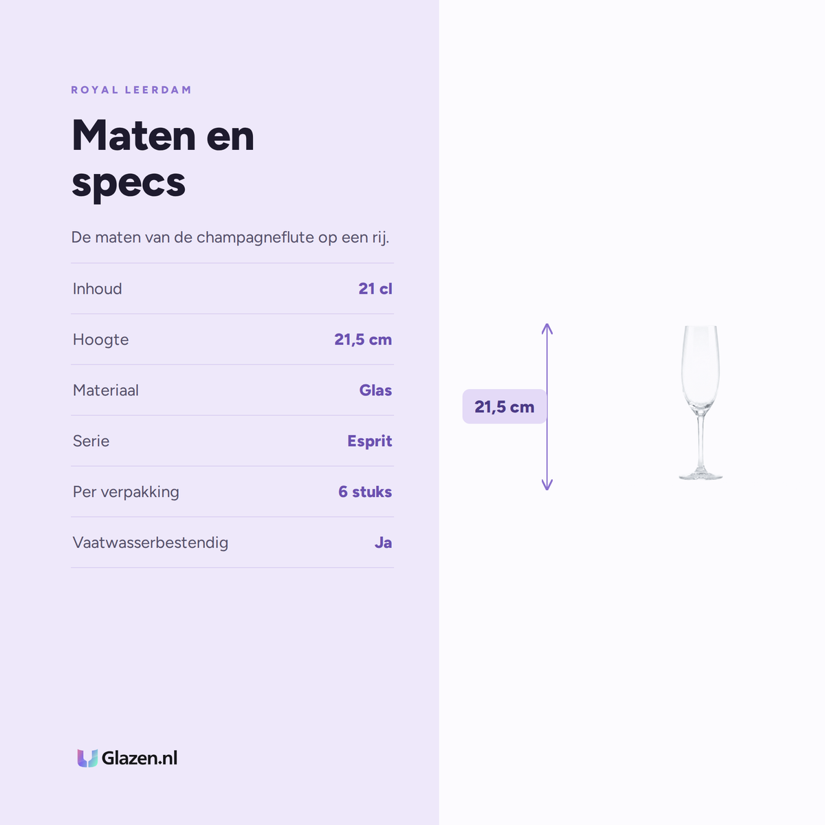 Maten en specificaties van de Royal Leerdam Esprit Champagneflute 21 Cl - 6 Stuks