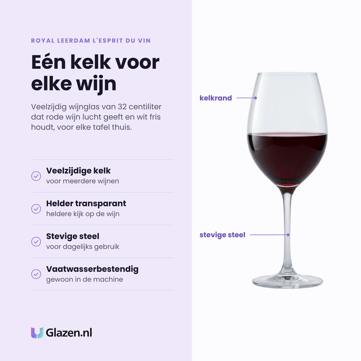 Royal Leerdam L'Esprit Du Vin wijnglas 32 cl eigenschappen: veelzijdige kelk voor meerdere wijnen, helder transparant glas, stevige steel, vaatwasserbestendig