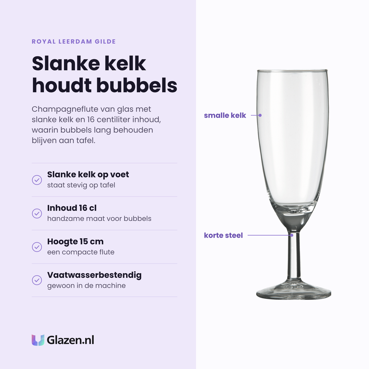 Royal Leerdam Gilde champagneflute 16 cl eigenschappen: slanke kelk op voet, inhoud 16 centiliter, hoogte 15 centimeter, vaatwasserbestendig