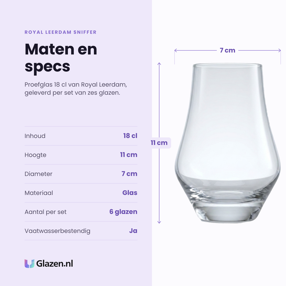Royal Leerdam Sniffer proefglas 18 cl specificaties: inhoud 18 cl, hoogte 11 cm, diameter 7 cm, glas, set van 6