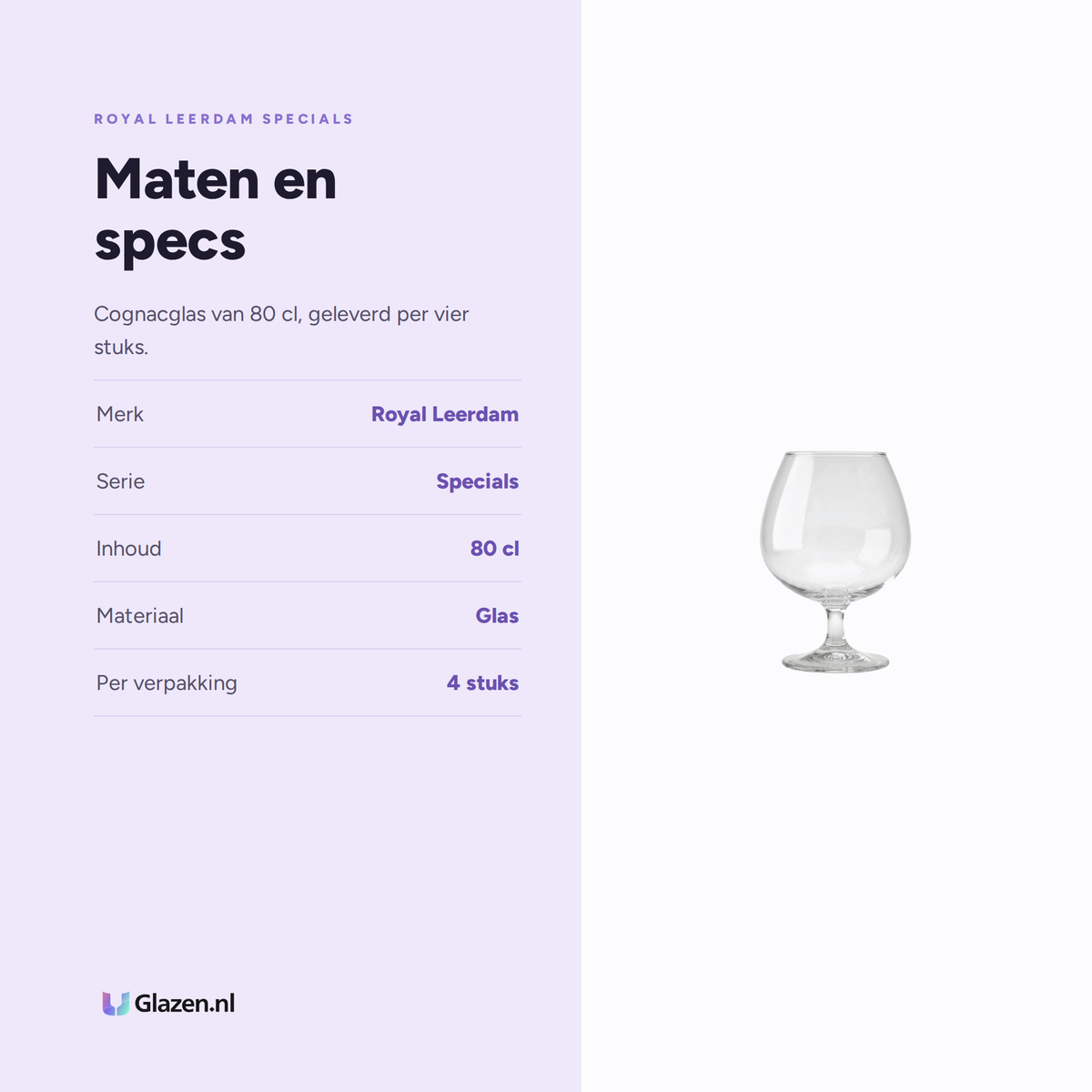 Royal Leerdam Specials Cognacglas 80 Cl - 4 Stuks, maten en specs