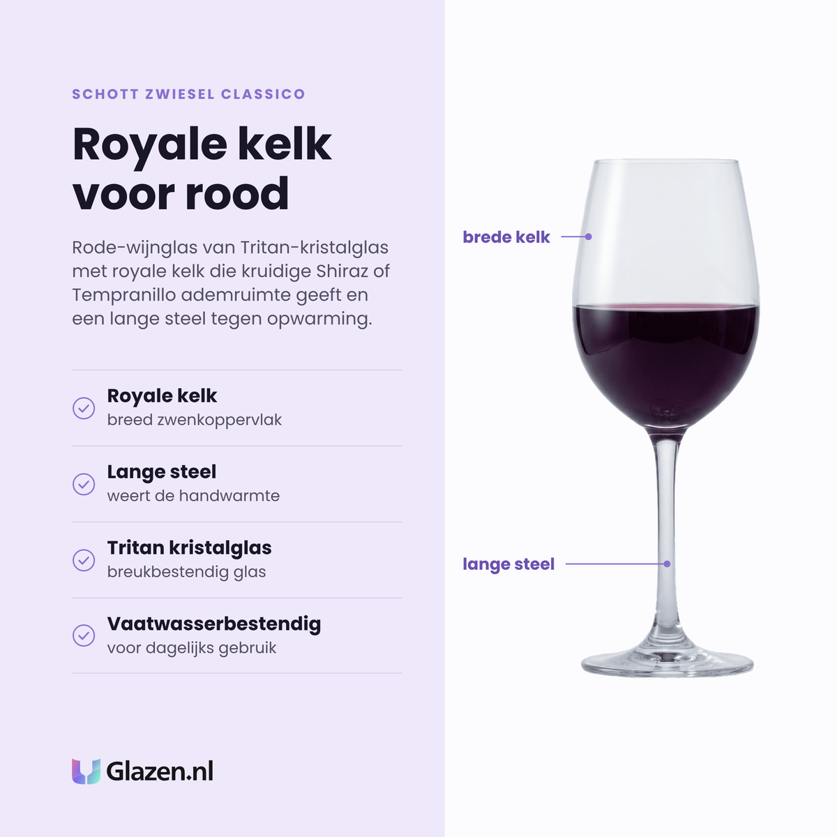 Schott Zwiesel Classico Ever wijnglas 54,5 cl eigenschappen: royale kelk met breed zwenkoppervlak, lange steel weert de handwarmte, tritan kristalglas, vaatwasserbestendig