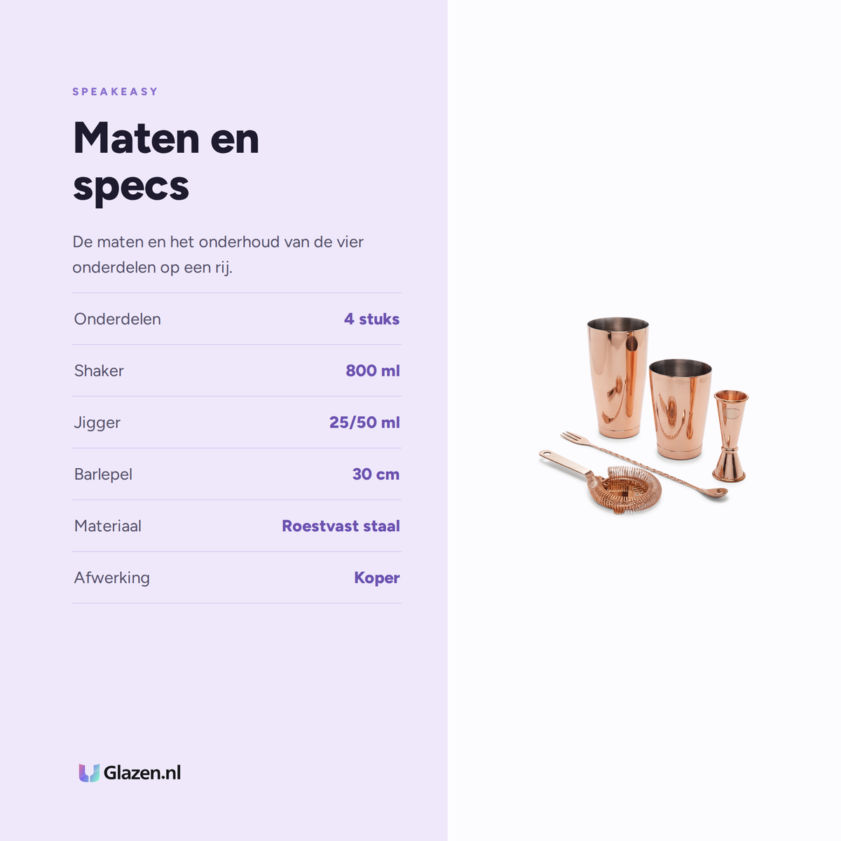 Maten en specificaties van de koperen Speakeasy cocktail set
