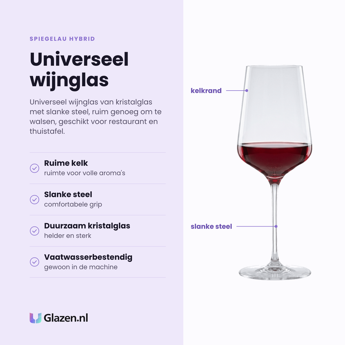 Spiegelau Hybrid wijnglas 55 cl eigenschappen: ruime kelk, slanke steel, duurzaam kristalglas, vaatwasserbestendig