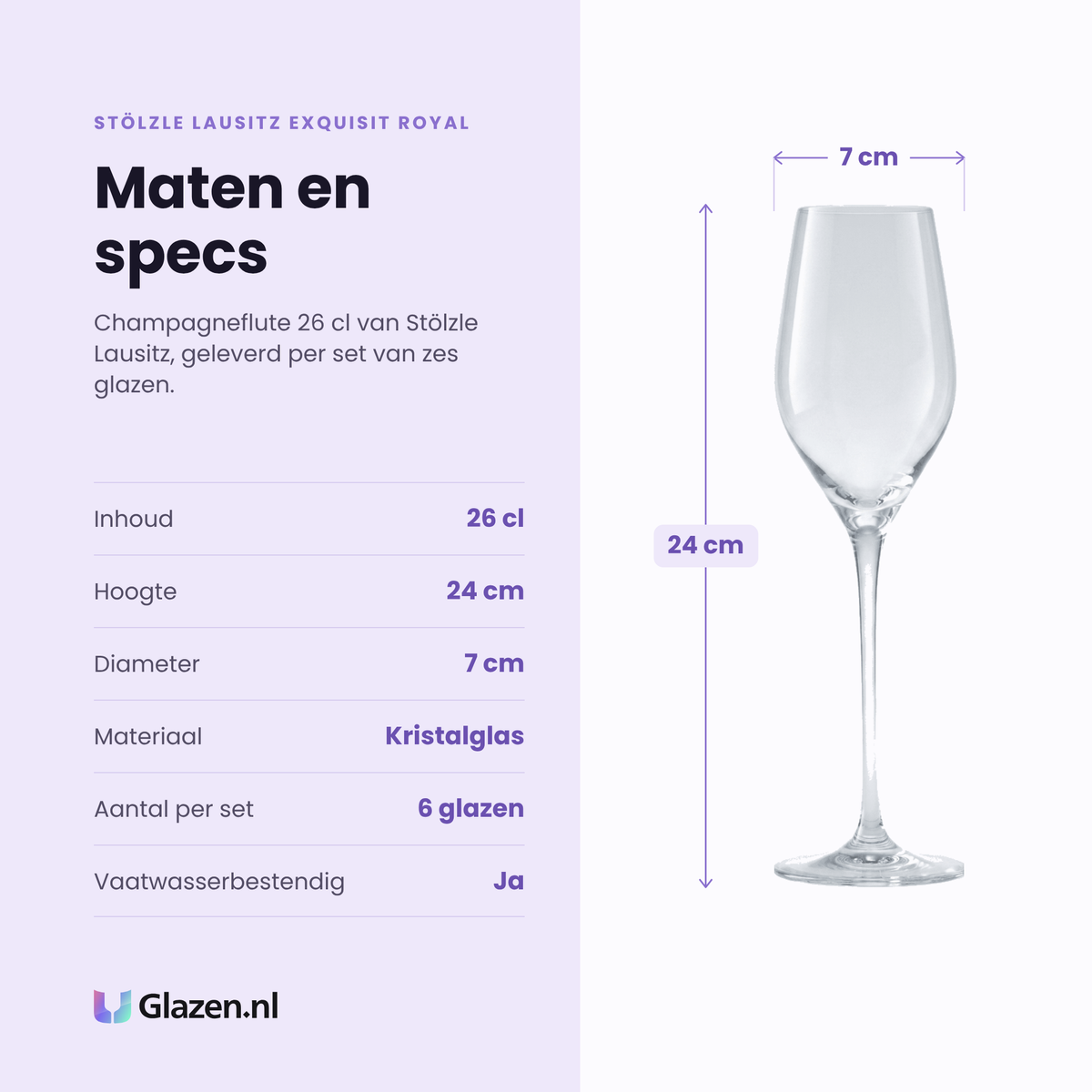 Stölzle Lausitz Exquisit Royal champagneflute 26 cl specificaties: inhoud 26 cl, hoogte 24 cm, diameter 7 cm, kristalglas, set van 6