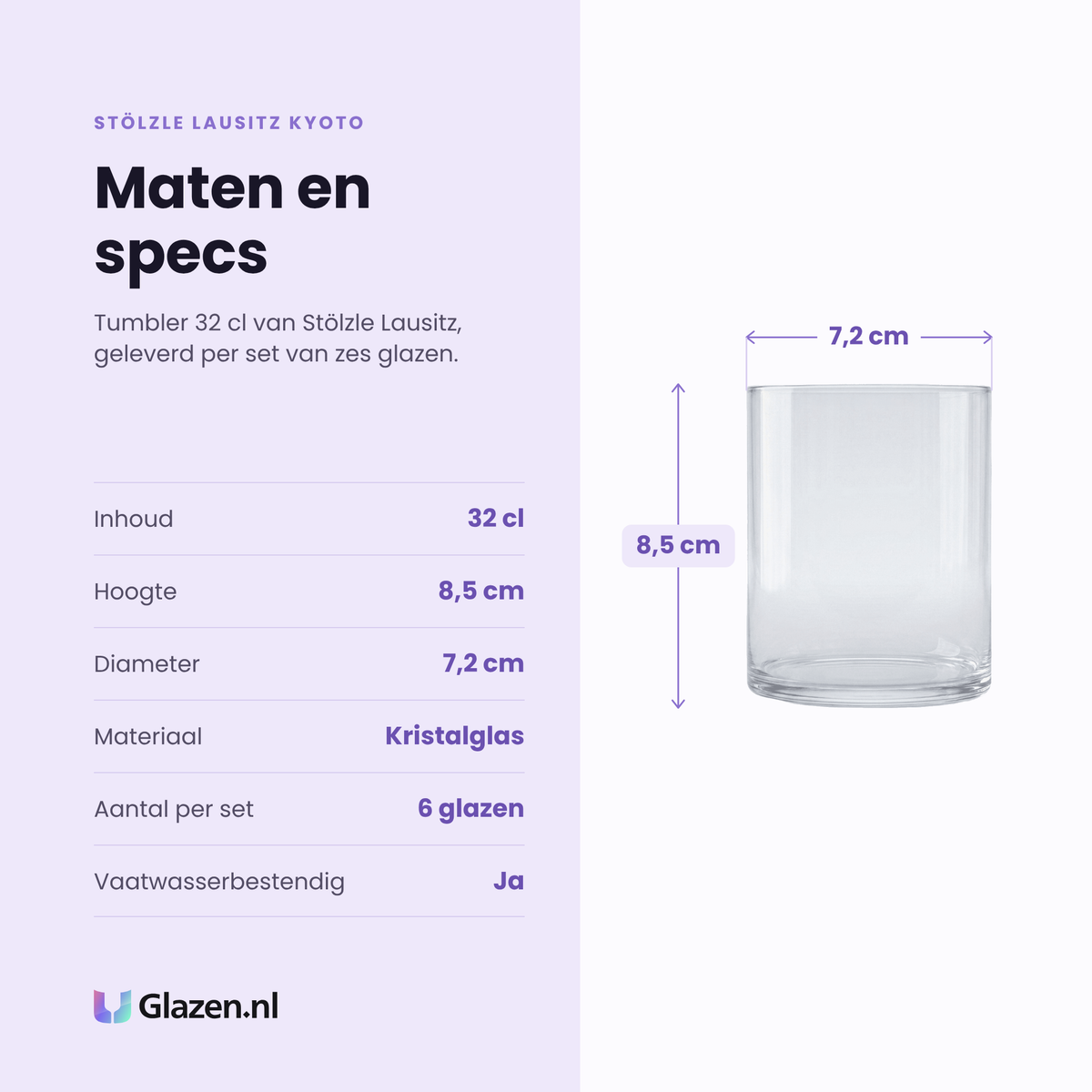Stölzle Lausitz Kyoto tumbler 32 cl specificaties: inhoud 32 cl, hoogte 8,5 cm, diameter 7,2 cm, kristalglas, set van 6