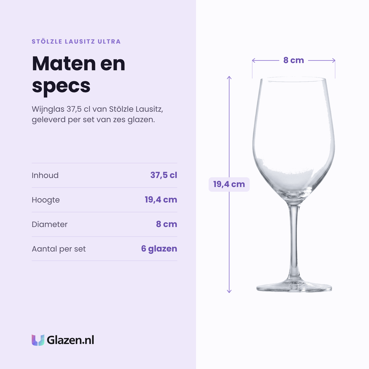 Stölzle Lausitz Ultra wijnglas 37,5 cl specificaties: inhoud 37,5 cl, hoogte 19,4 cm, diameter 8 cm, set van 6